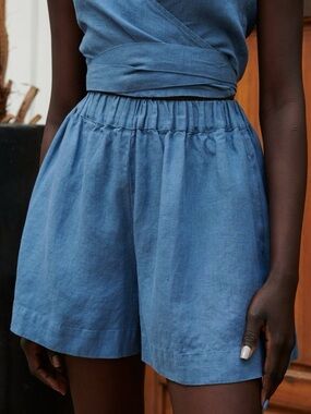 Linenfox Kim High Waisted Linen Shorts Blue Relaxed Minimalist Summer - XS
